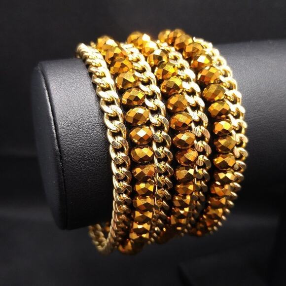 Vintage Jewelry - Golden Bronze Crystal Beads & Gold Chain Bracelet, Magnetic Clasp, 7 1/2 Inches